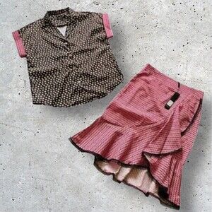 Beulah Style Button Blouse & Mermaid Skirt Pink Black Lace Ruffle Trim Set Sz M